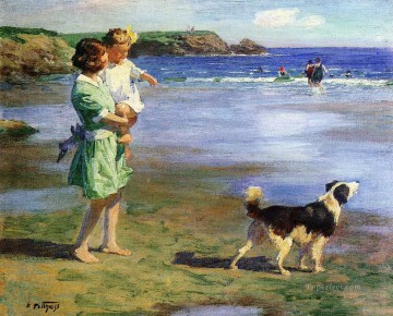  Dog Painting - Edward Henry Potthast mother and girl with dog on seaside pet kids